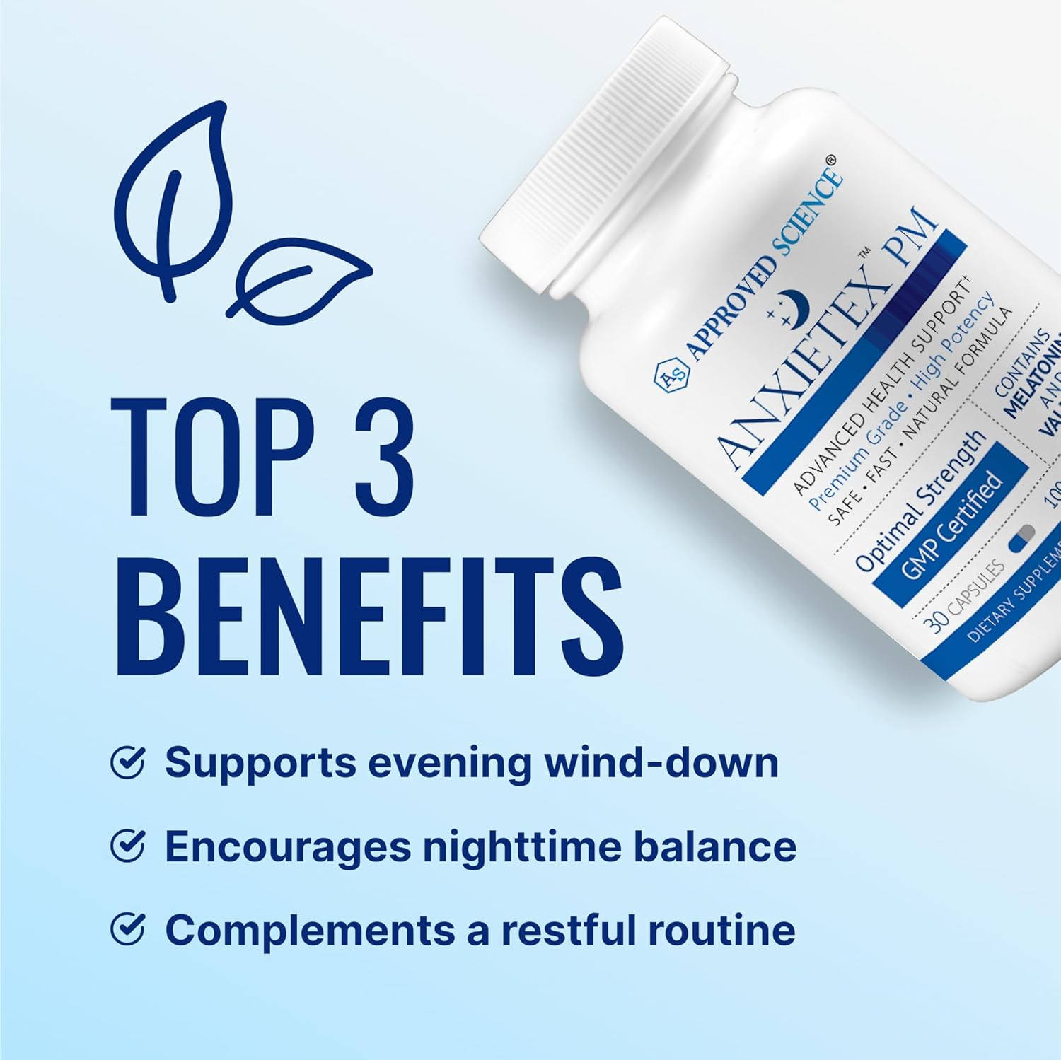 71vmnysjnPL._AC_SL1500_.jpg Approved Science Anxietex Night - Ease Worry and Discontent, Sleep Well - Valerian, Passion Flower, Chamomile - 30 Capsules - Vegan Supplement - Made in The USA - Image 2