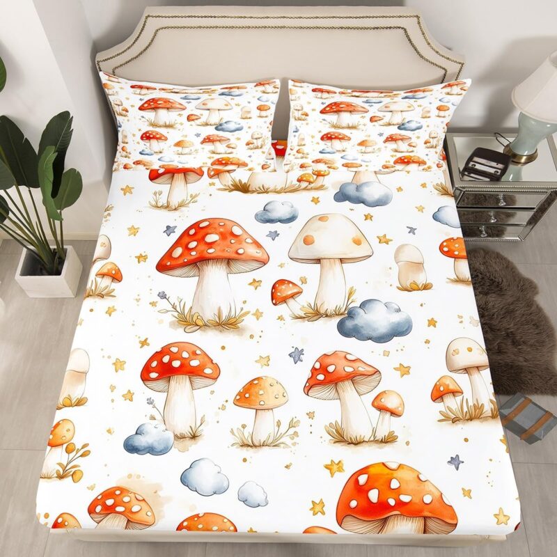 Erosebridal Mushroom Fitted Sheet Queen Cartoon Mushrooms Tree Bed Sheets Jungle Botanical Bed Sheets Set Cute Stars Cloud Print Sheets Wild Plants Bed Set Bedroom Decor