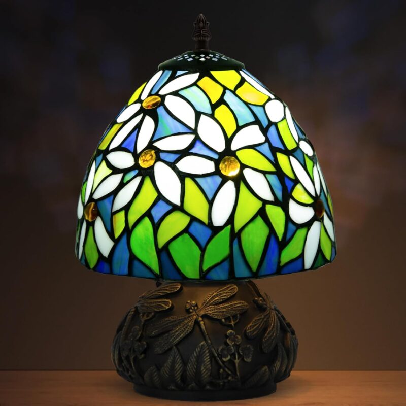 Small Tiffany Stained Glass Lamp, 3 Color Temperatures Bedside Lamp, 8 Inch Mushroom Desk Light for Bedroom Living Room Office Home Decor (White Flower Pattern)