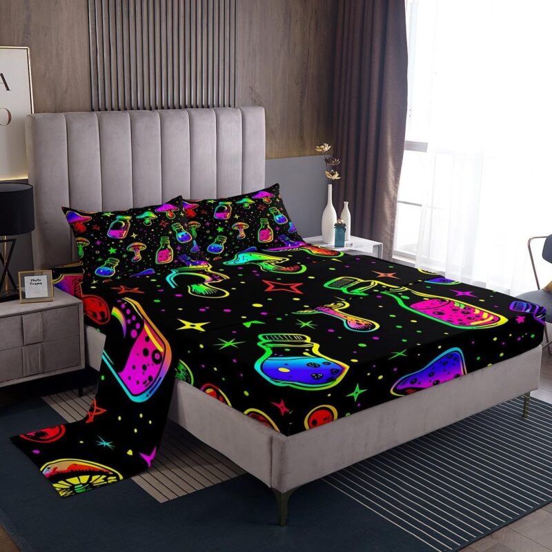 Feelyou Cute Mushroom Decor Bedding Set Cartoon Mushrooms Colorful Bedding Sheet Kawaii Fungus Bed Sheets for Children Kids Boys Girls Microfiber Rainbow Bed Sheet Set Room Decor Queen Size