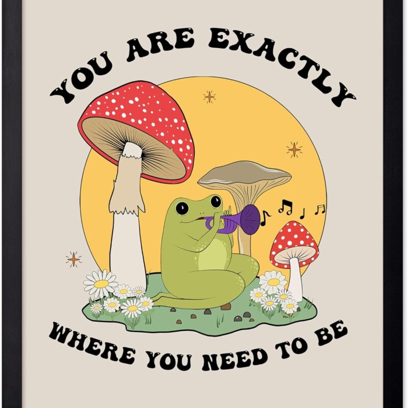 Poster Master You Are Exactly Where You Need To Be Poster - Retro Frog Print - Music Art - Mushroom Art - Positive Quote Art - Preppy Art - Trendy Art - Dorm or Bedroom Decor, 16x20 Black Framed