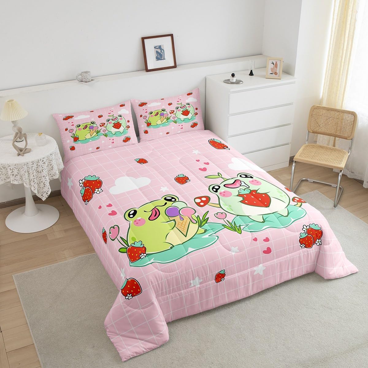 71wcbhApxtL._AC_SL1200_.jpg Homewish Cartoon Frog Comforter Set Twin Size Red Mushroom Strawberry Bedding Bedroom Decor Cute Stars Cloud Pink Grid Quilt Kawaii Animals Plants Duvet Insert 2pcs (ZZRS2949ZMD-BZ_USt) - Image 3