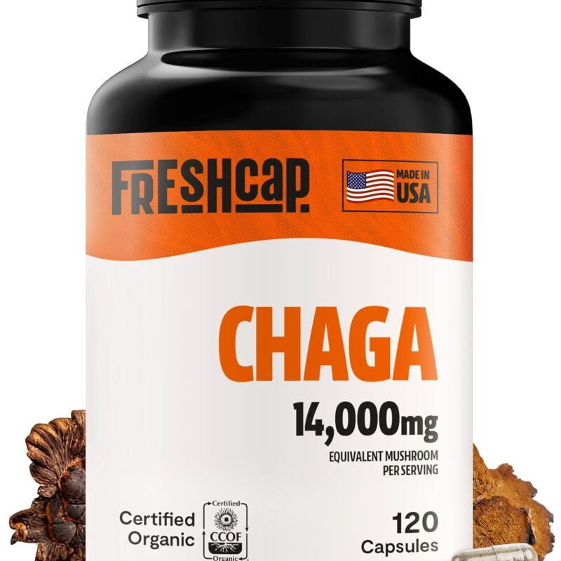 FreshCap Mushrooms Chaga Mushrooms Capsules 14,000mg - Mushroom Extract Antioxidants Supplement, Herbal Supplements, Ayurveda Nootropic Immunity Supplements (120 Capsules)
