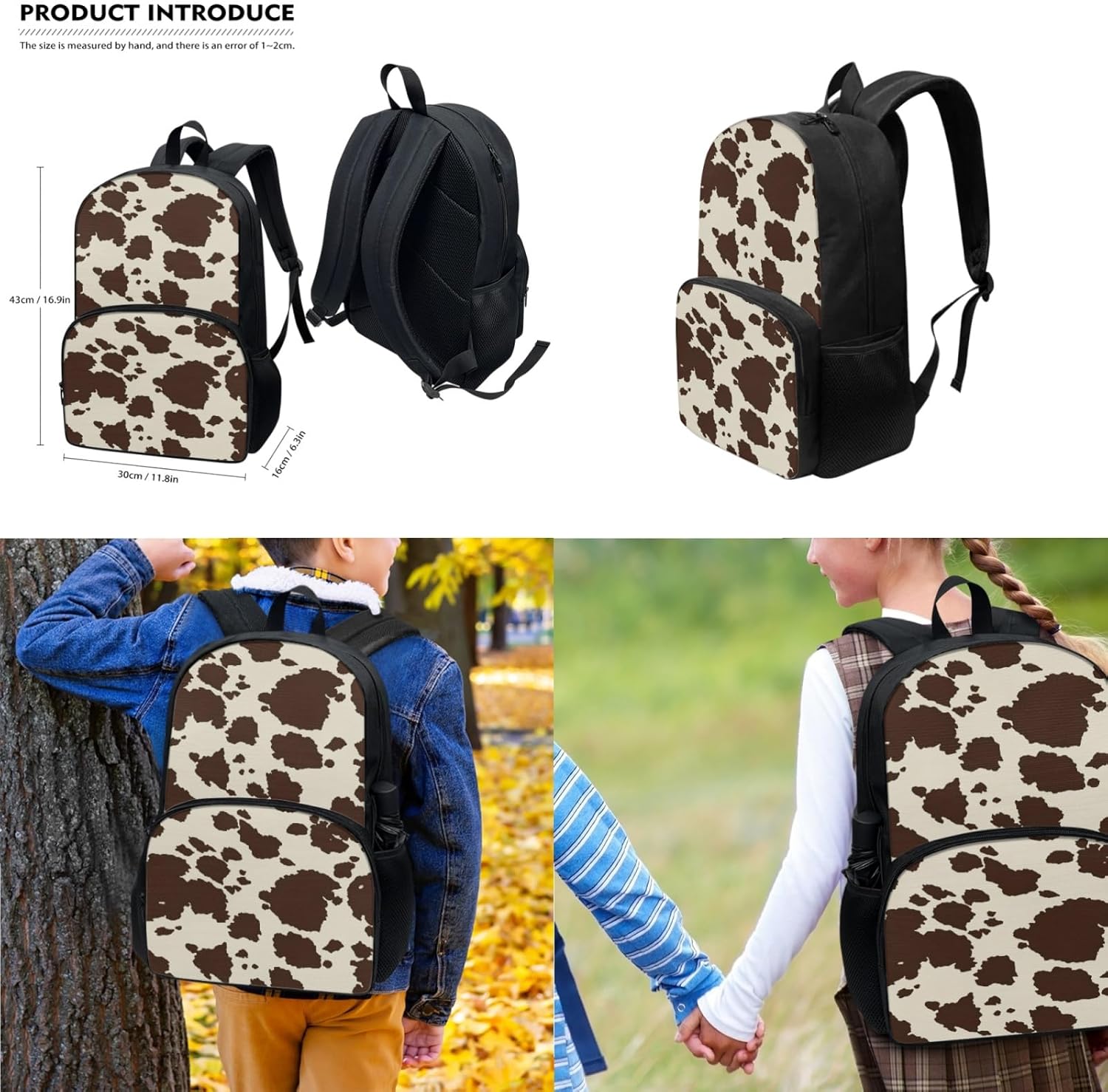 71xN8UzA5TL._AC_SL1500_.jpg Cute Brown Cow Cowhide Print 4Pcs School Bags Set for Teens Boys Girls Large Capacity Backpack and Lunch Box Set with Water Bottle Holder Bag Pencil Case Middle School Student Bookbag - Image 2