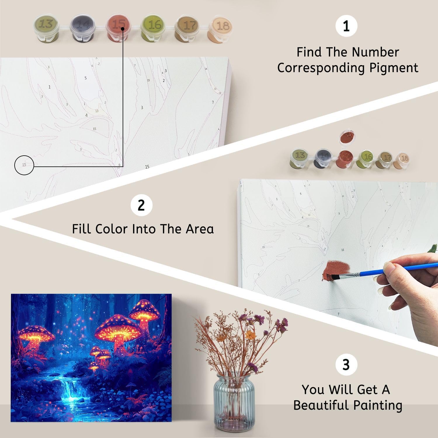 71xdtPKsy3L._AC_SL1500_.jpg Paint by Numbers Kit for Adults Beginner Mushroom Mushrooms Forest Glowing Sparkling Lights Stream Vegetation DIY Framed Painting by Numbers Canvas Acrylic Oil Painting for Home Decor Gifts 16"x20" - Image 3