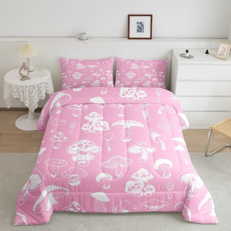 Mushroom Full Size Comforter Set,Black and White Bedding Set for Adults Teens,Children Cute Cartoon Plants Comforter Luxury Pink Mushroom Quilt Set Room Decor 3Pcs