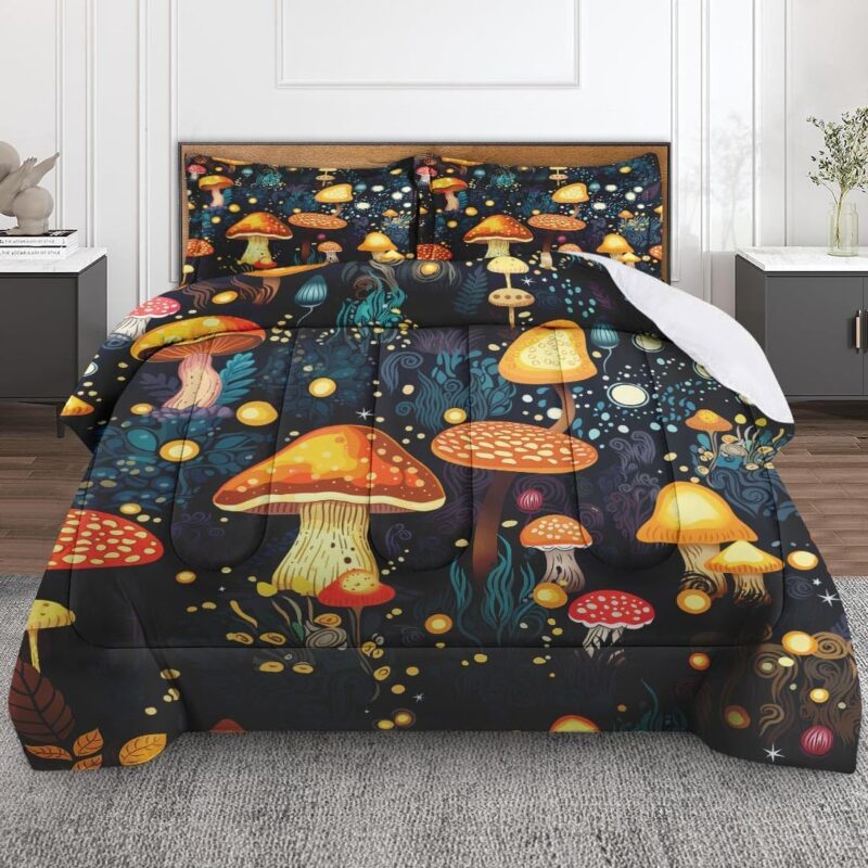 Mushroom Comforter Set for Kids Teens Adults King, Orange Green Plant Bedding Sets Water Washed Microfiber Bedding with 1 Comforter 2 Pillowcases All Season