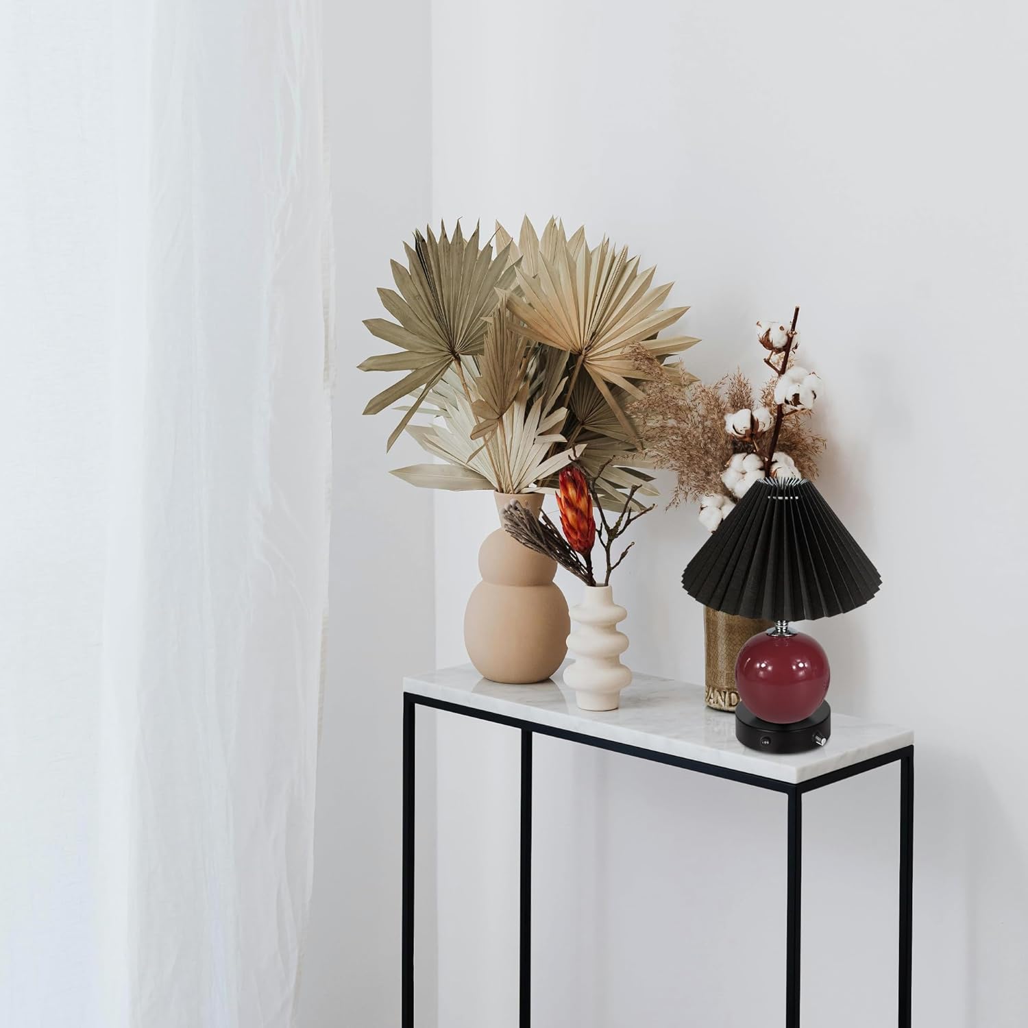 71yp2MNatxL._AC_SL1500_.jpg Maroon Hand-Made Clay Pot Table Lamp Cordless Battery Operated by Remote Control, Dimmable Wireless Mushroom Black Classic Pleated Lampshade for Bedroom, Console, End Table - Image 7