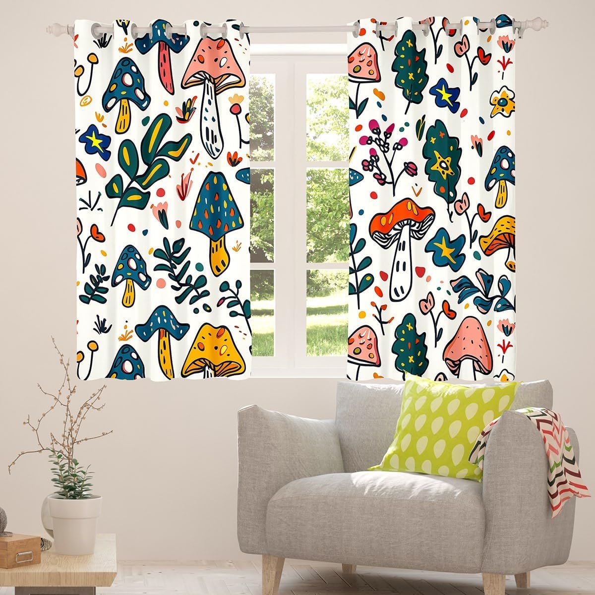 71ysE9Z9KlL._AC_SL1200_.jpg Erosebridal Cartoon Mushroom Window Treatments Drapes for Bedroom for Kids Boys Girls Room Decor,Cute Mushroom 30%-50% Blackout Curtains 2 Panels,52X84 Inch,Hand Drawn Style Curtain - Image 4