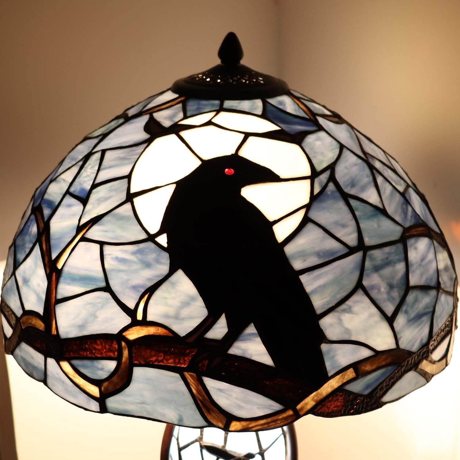 71yxW7uUn1L._AC_SL1500_.jpg Bieye L10954 Raven Sitting on Bare Tree Branch in Full Moon Night Tiffany Style Stained Glass Table Lamp for Home Decor (Dark Blue, 16Wx24H) - Image 5