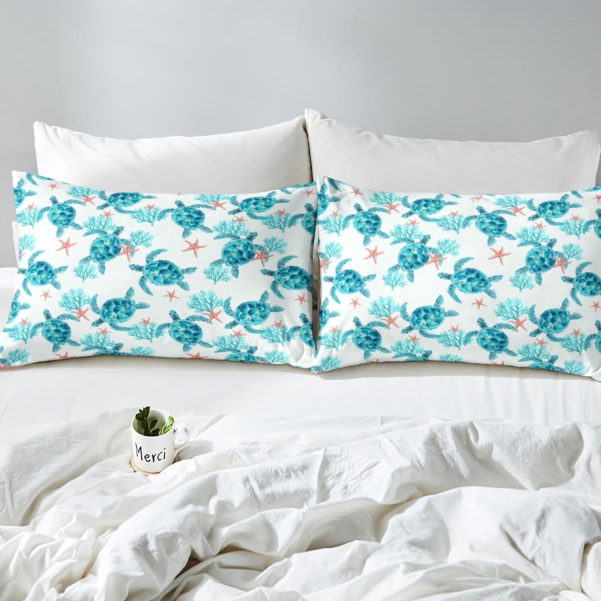 71z8qdIqfuL._AC_SL1200_.jpg Erosebridal Sea Turtle Bed Sheets King Size,Green Tortoise Coastal Bedding Set for Kids Boys Girls Bedroom,Ocean Animal Sheet Set Coral Starfish Sealife 1 Fitted Sheet 1 Flat Sheet 2 Pillow Cases - Image 5