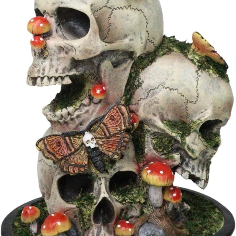 Ebros Gift Day of The Dead Death Moths Toadstool Mushrooms and Moss Fungi Trio Skulls Figurine 10.5" H Skeleton Macabre Alchemy Gothic Ossuary Skull Accent