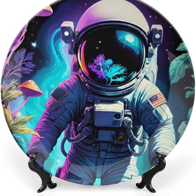 Artistic Porcelain Plate - Compatible with Astronaut Dinosaur Plant Mushroom Bone China Wall Decor for Kitchen, Bathroom & Festival Party Display, 10 Inches