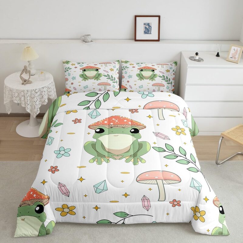 Castle Fairy Frog Mushroom Kids Comforter Set Twin Size,Cartoon Kawaii Tree Frog Pink Mushroom Flowers Leaves Bedding Set for Children Bedroom Decor,Animals Plants Farmhouse Quilt with 1 Pillowcase