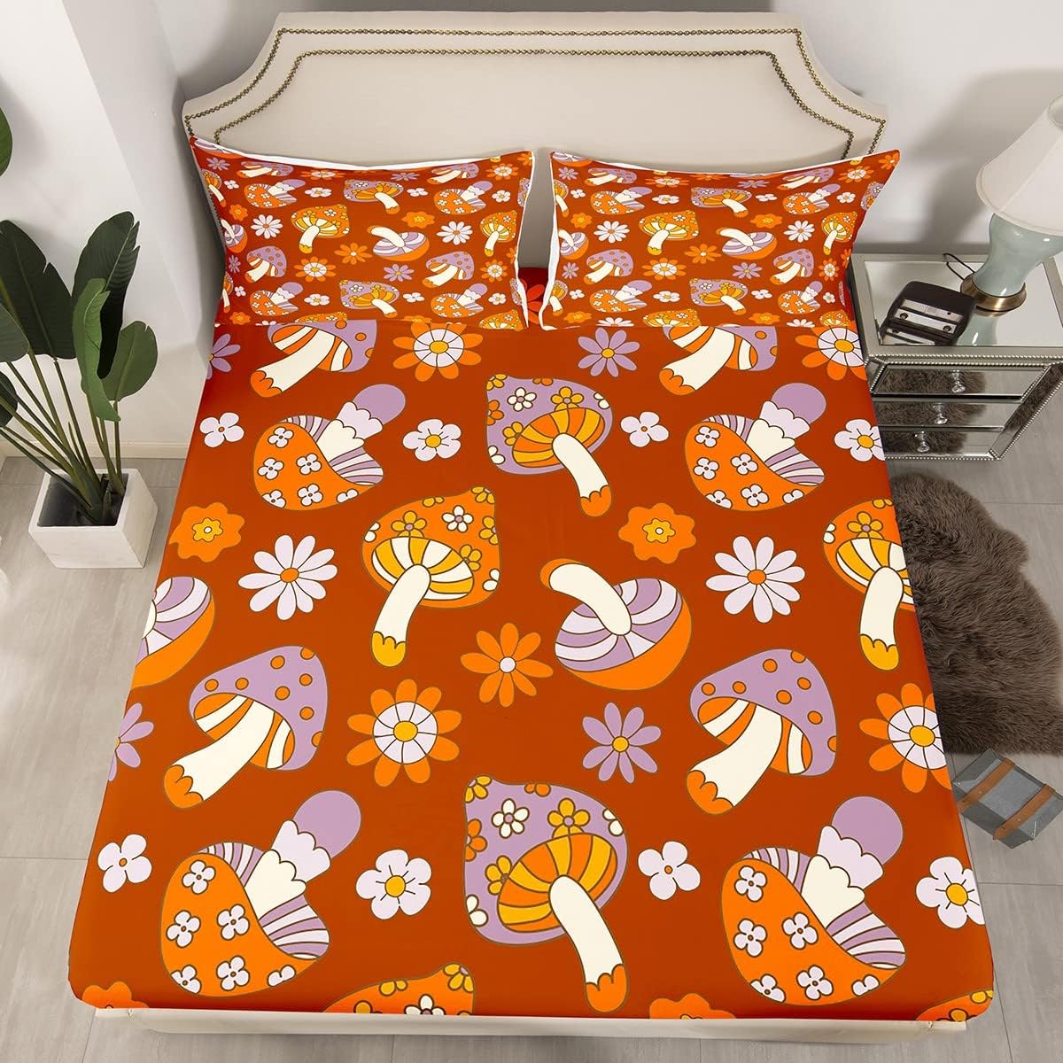 71zhsqksc8L._AC_SL1200_.jpg Feelyou Mushroom Bed Sheets Set Groovy Flower Sheets with Deep Pocket Fitted Sheet Retro Botanical Boho Sheet Set for Kids Adults Vintage Psychedelic Bedding Set Ultra Soft Room Decor 4Pcs Queen - Image 2