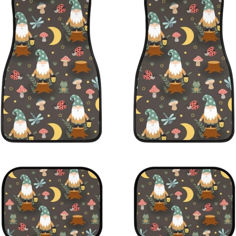 Delerain Gnome and Mushrooms 4-Piece Car Floor Mats Front and Rear Rubber Backing Carpet, Auto Foot Mats All Weather Universal Fit Car Decor Accessories Fit for SUV, Vans, Sedans, Trucks