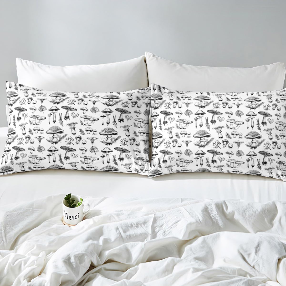 71zvJgjuwqL._AC_SL1200_.jpg Mushroom Kids Sheet Queen Size,Abstract Hand Drawn Sketch Rustic Bedding Set,Boys Girls Room Decor,Botanical Plants Weed Flowers Black White Retro Bed Sheet Set 4pcs(Fitted + Flat + 2 Pillowcases) - Image 5