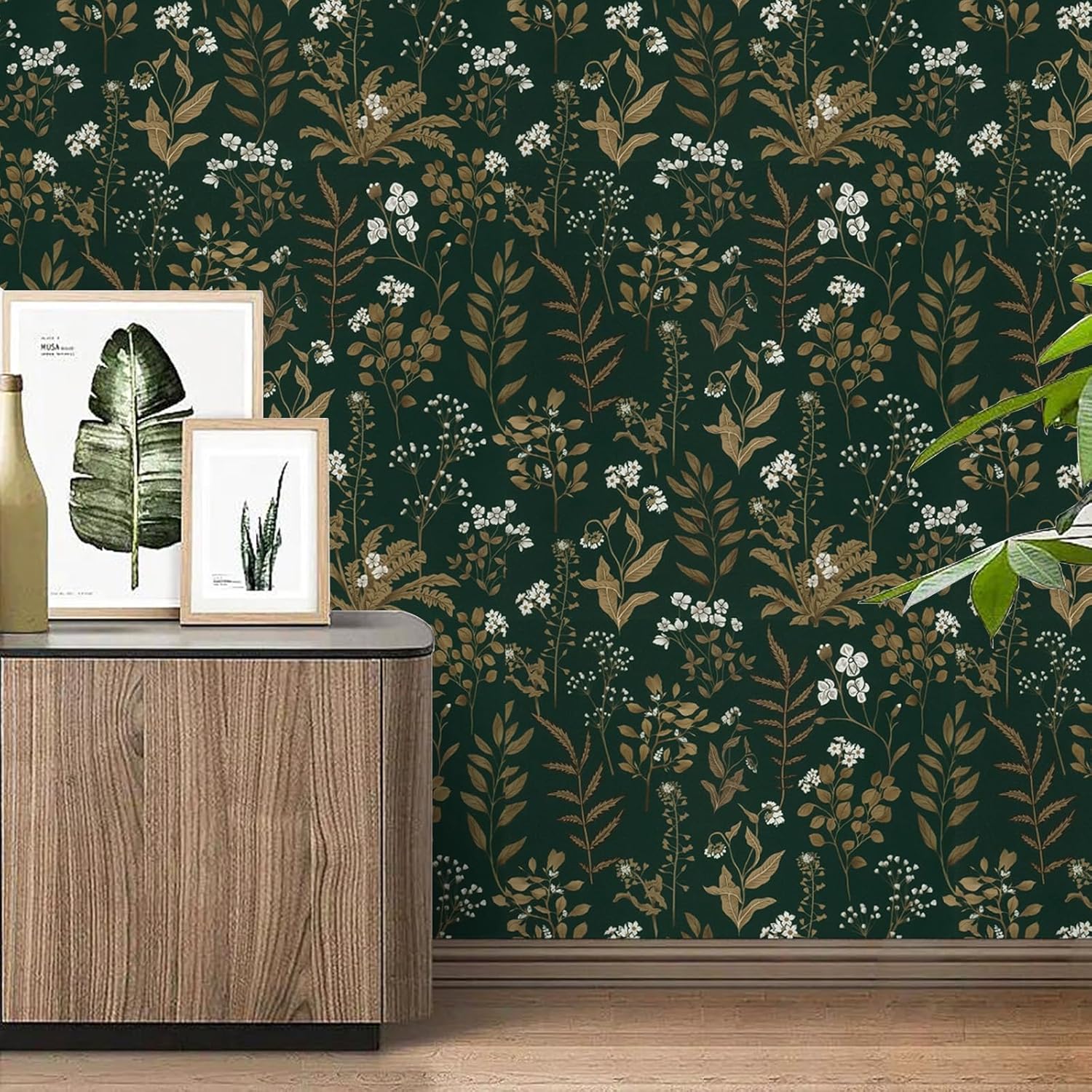 81FK-gzpeL._AC_SL1500_.jpg Abyssaly 17.7in x 236in Mushroom Wallpaper Peel and Stick Boho, Black Floral Forest Contact Paper+17.7" x 393.7" Dark Green Floral Peel and Stick Wallpaper Vintage Gold Leaf Contact Paper Vinyl Self A - Image 7