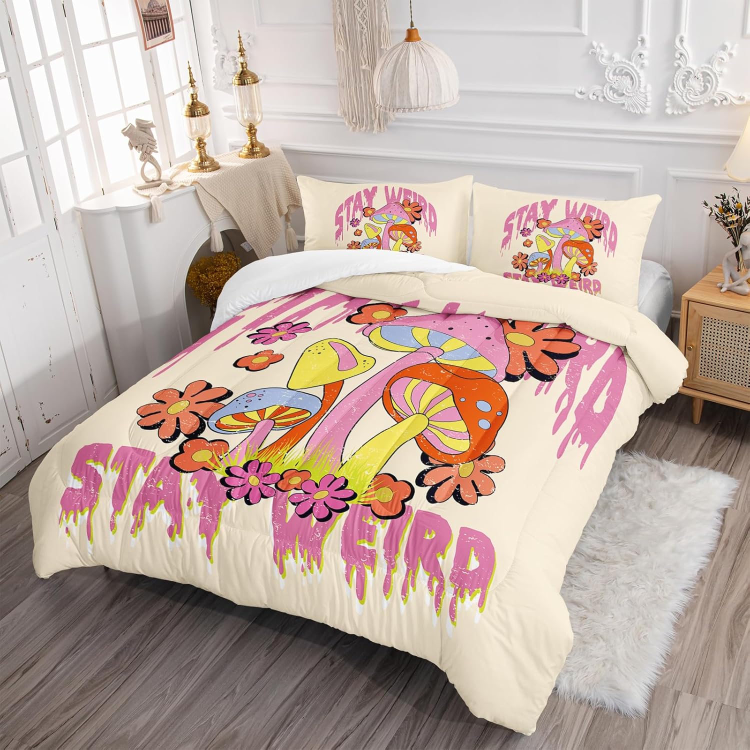 81rUOFsyfL._AC_SL1500_.jpg Axolotl Cartoon Mushroom Comforter Set Queen,Colorful Mushrooms Bedding Girls Bedding Set,Floral Comforter Set Red Pink Flower,Cute Mushroom Bedding Set For Kids Boys Girls Teens,1 Quilt 2 Pillowcases - Image 4