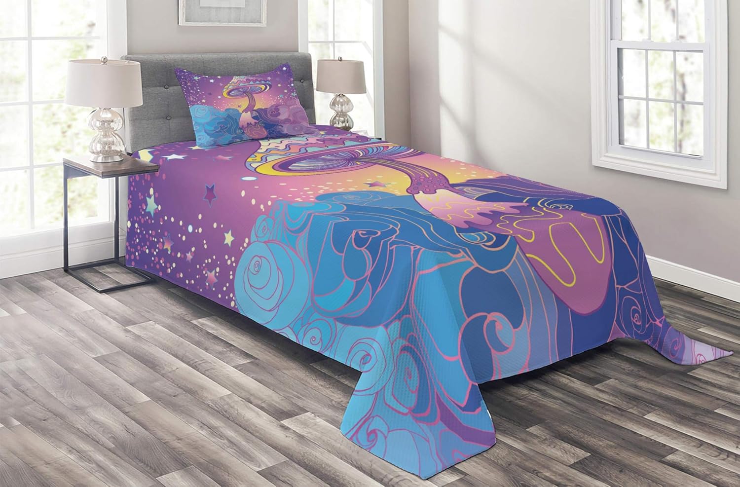 81-2v-4y4L._AC_SL1500_.jpg Lunarable Mushroom Coverlet, Magic Mushrooms Psychedelic Hallucination Vibrant 60's Style Hippie, 2 Piece Decorative Quilted Bedspread Set with 1 Pillow Sham, Twin Size, Purple Pale Blue Yellow