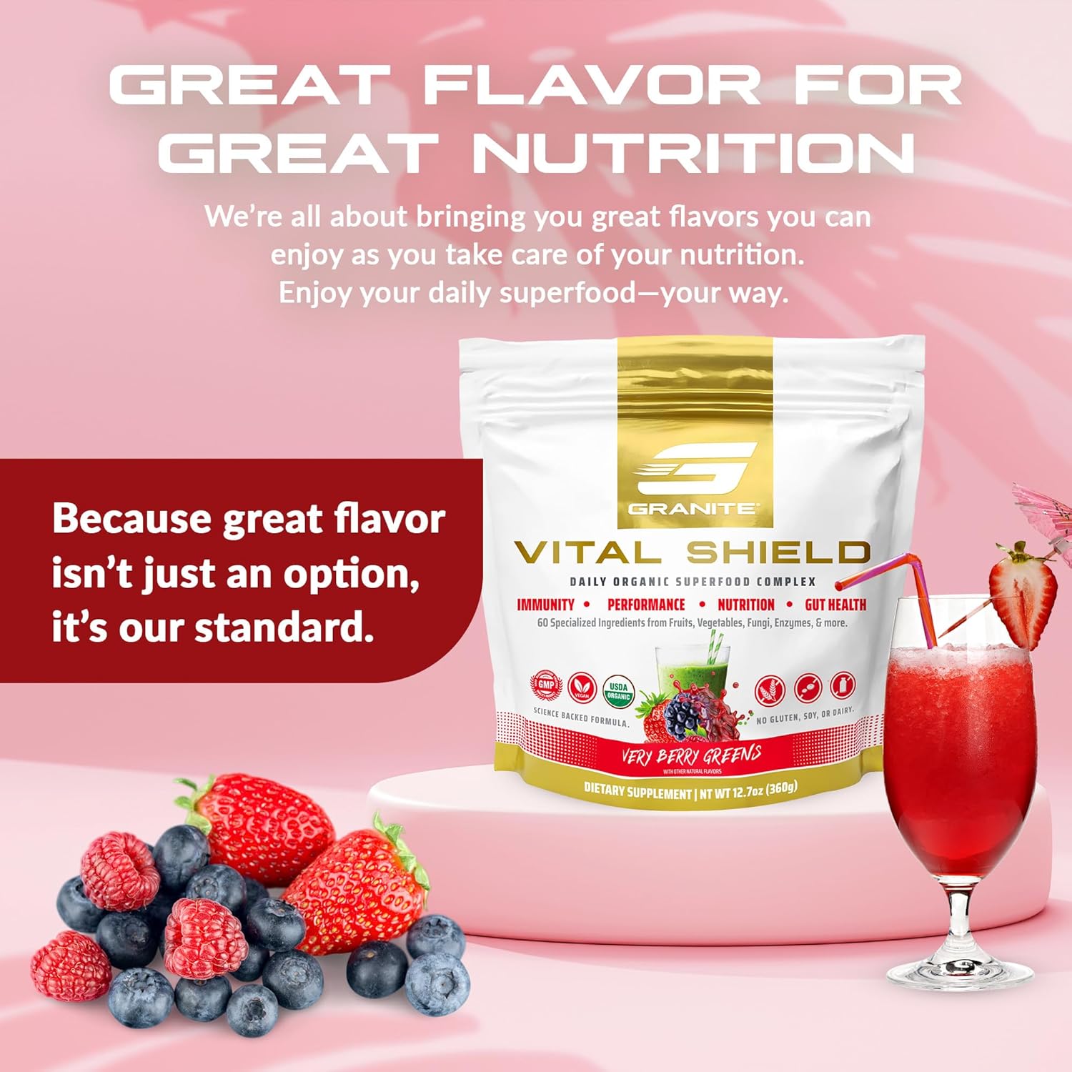 81-ofbk6-L._AC_SL1500_.jpg Granite Nutrition Vital Shield - USDA Organic Superfood Greens with Mushrooms & Tart Cherry for Energy, Immunity & Gut Health - Very Berry (30 Servings) - Image 8