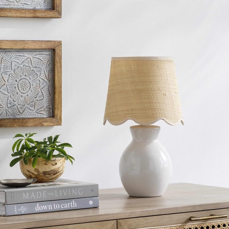 Salgareda Boho Ceramic and Jute Bedside Table Lamp for Bedroom Nightstand - End Side Lighting for Living Room - Shade Rattan - White, Beige - 15" H