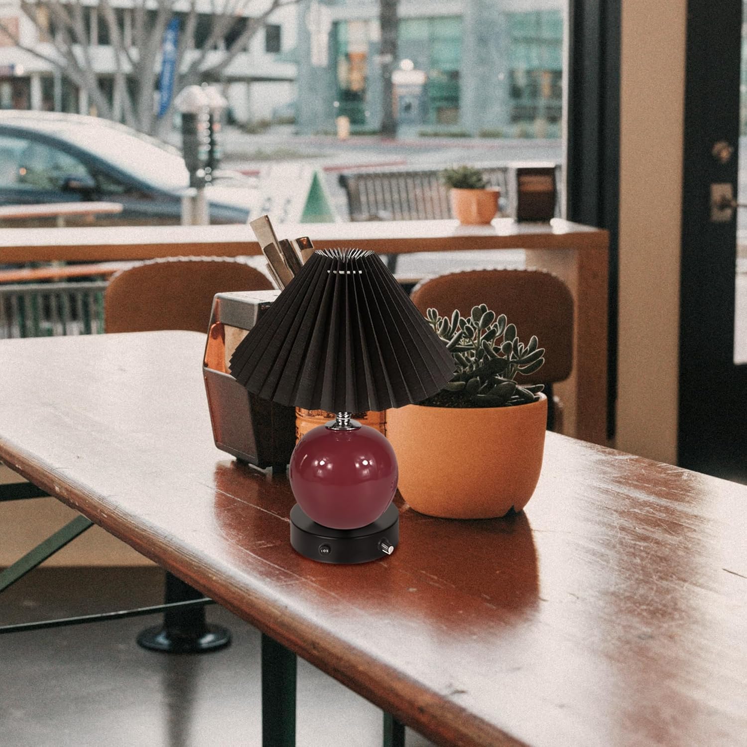 811tolxfWkL._AC_SL1500_.jpg Maroon Hand-Made Clay Pot Table Lamp Cordless Battery Operated by Remote Control, Dimmable Wireless Mushroom Black Classic Pleated Lampshade for Bedroom, Console, End Table - Image 3