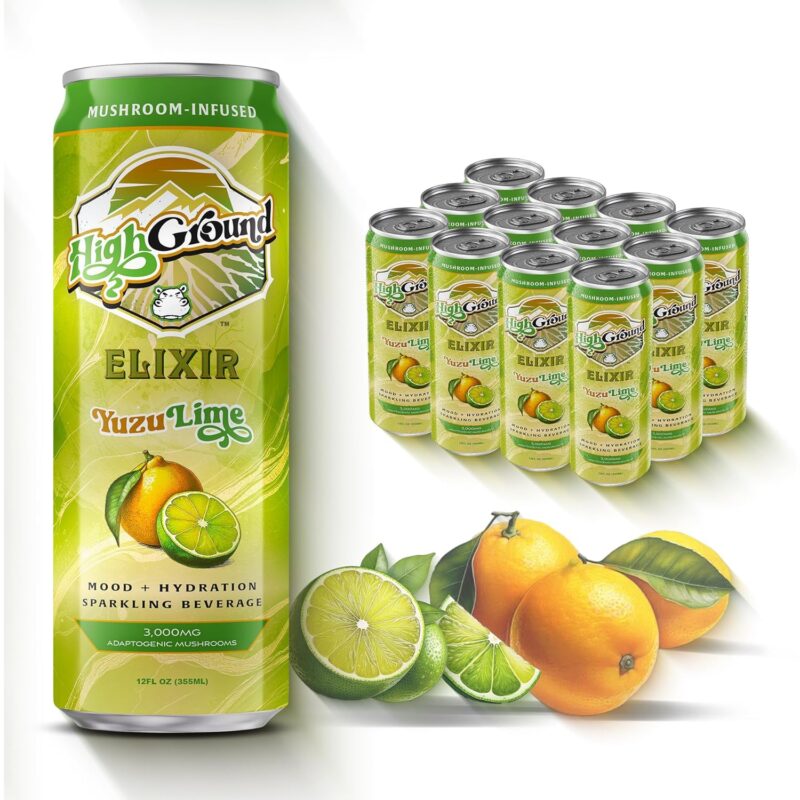 High Ground Elixir Mushroom Seltzer – Yuzu Lime | Lion’s Mane for Focus, Reishi for Stress, Cordyceps, Chaga, Turkey Tail, L-Theanine | Adaptogen Drink | Low Cal, No Added Sugar, 12oz Cans, 12 Pack
