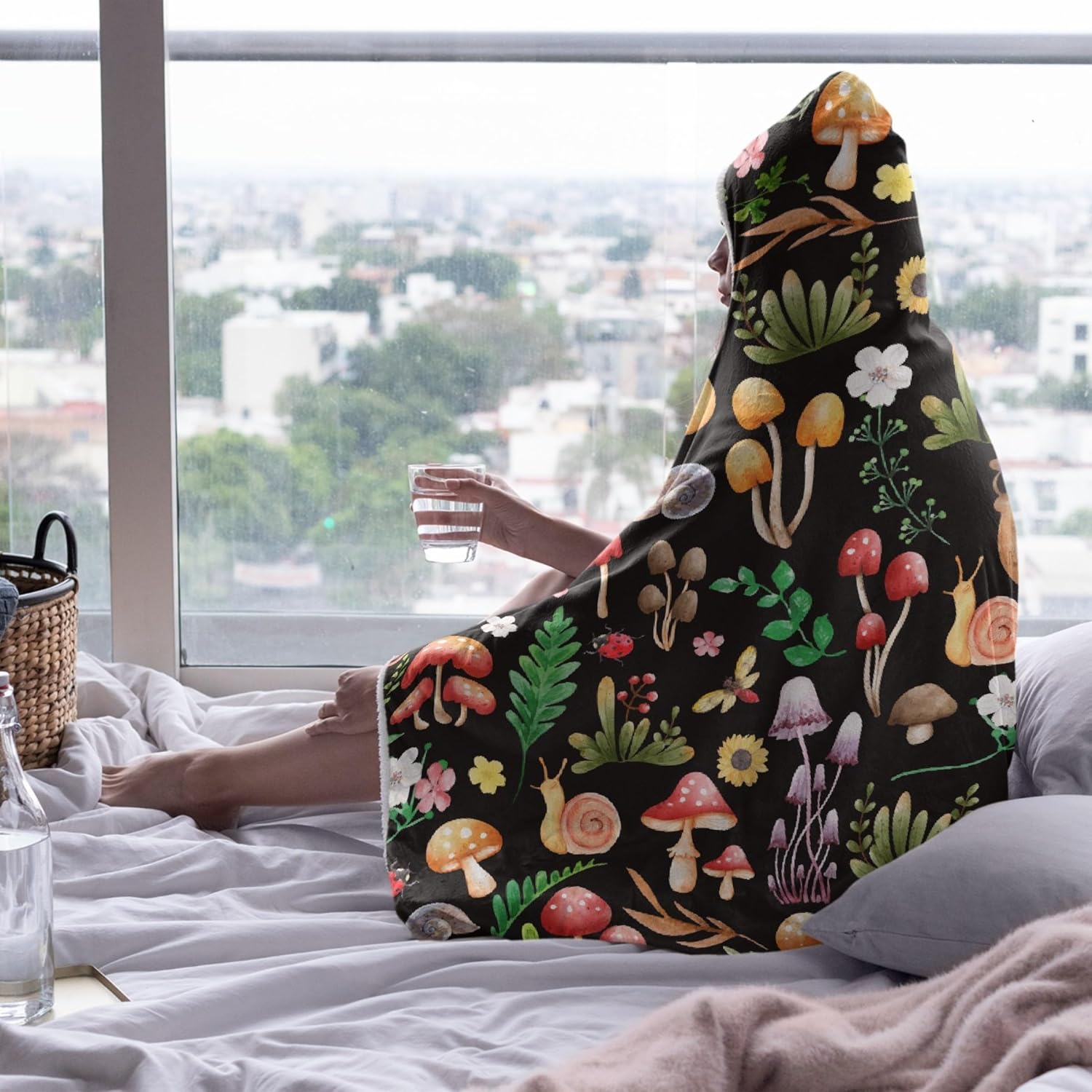812GkaPJ12L._AC_SL1500_.jpg Mushroom Hooded Blanket Mushrooms Gifts for Women Soft Fleece Flannel Mushroom Throw Wearable Blanket All Season Plant Blankets for Bed Decorative 80"x60" for Audlt - Image 3