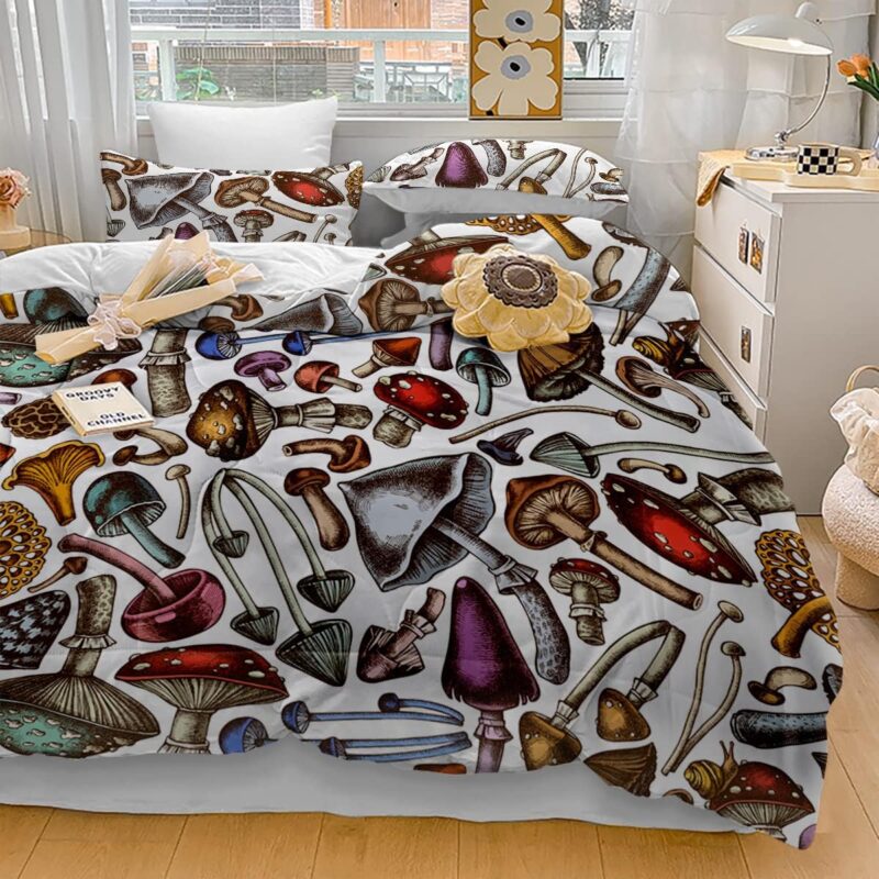 SOULZZZ Wild Mushroom Comforter Set 3 Piece, Colorful Various Mushroom Fairycore Decor Twin Bedding, Aesthetic Kawaii Room Decor Comforter for Kids Adults Boys Girls