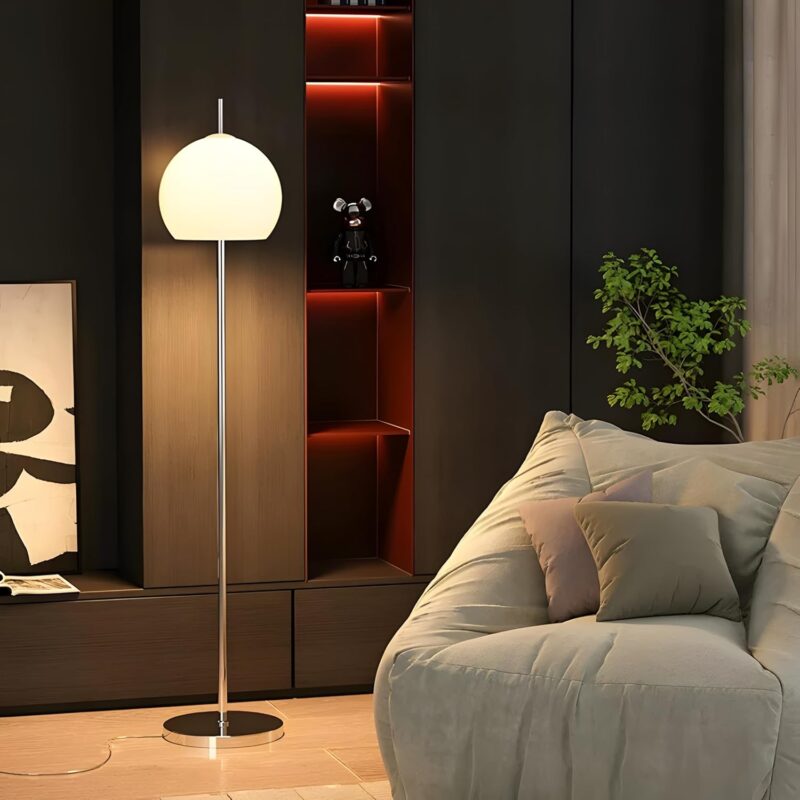 Bofea-Mid Century Modern White Floor Lamp,Mushroom Standing Lamp with Milk Glass Shade,Dome Tall Lights with Chromium Color Pole,Vintage Floor Light for Home Office Bedroom Living Room Decor