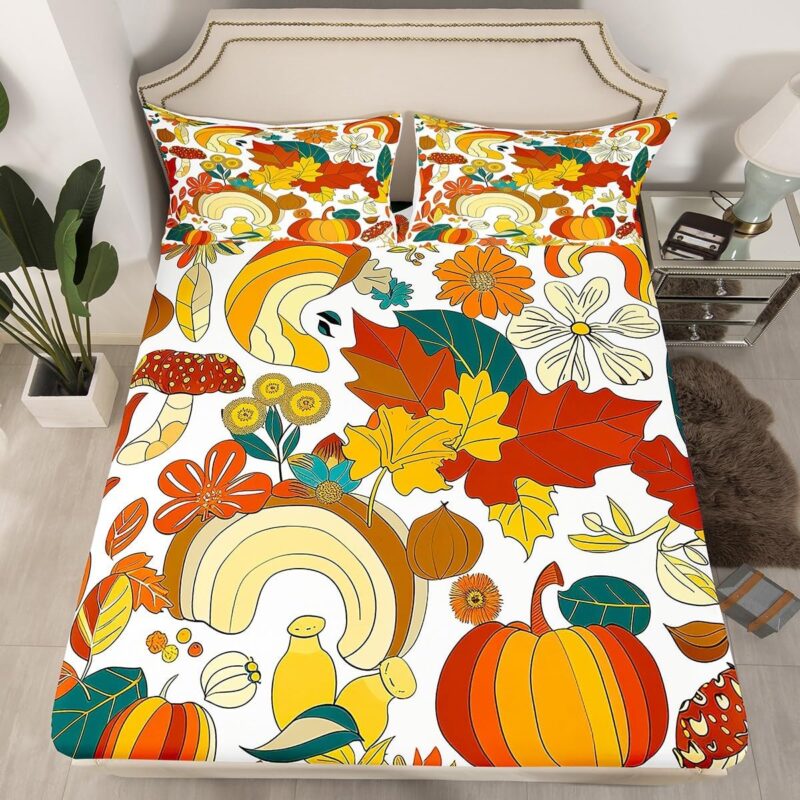 70s Groovy Hippie Retro Fitted Sheet Queen,Vintage Fall Floral Leaves Sheet Set for Man Adult Gift,Mushroom Pumpkin Rainbow Bedding Set with 2 Pillowcases,3pcs, Soft Fabric All-Round Elastic Pocket