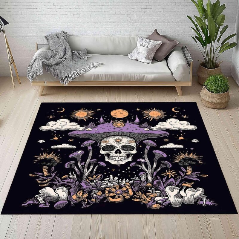 Skull Mushroom Sun Moon Washable Rugs 8x10 Area Rug for Living Room, Black Bedroom Rug, Large Carpets, Non Slip Indoor Door Mat Throw Rugs for Laundry Guestroom Room