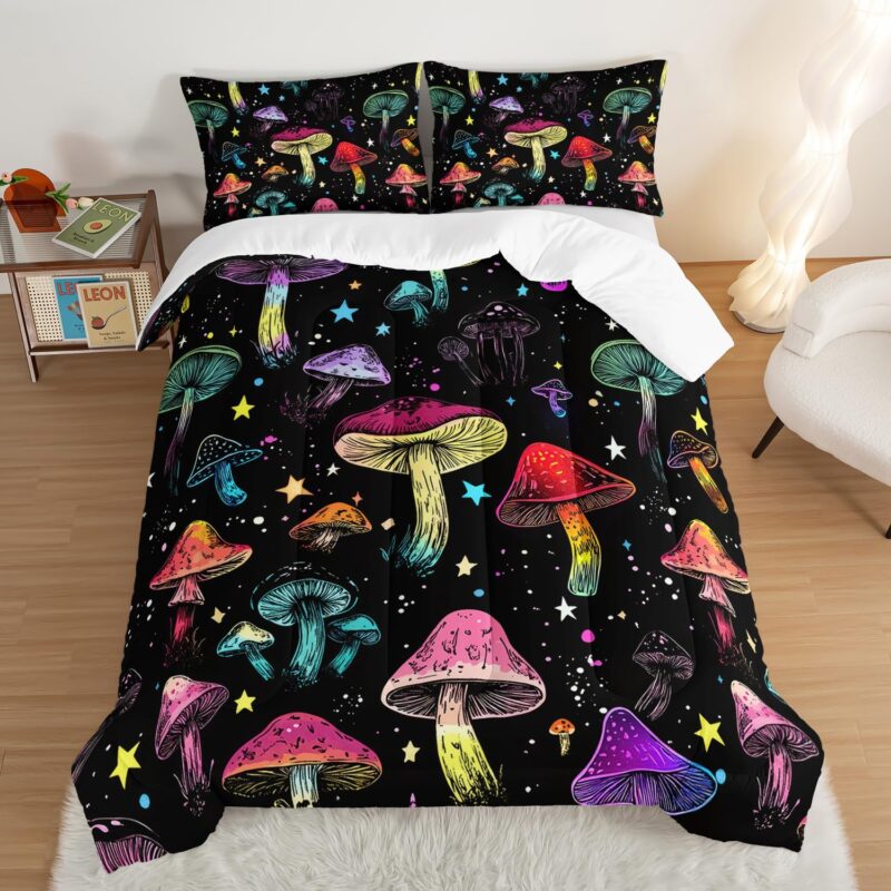 Colorful Mushroom Bedding Set,Natural Wild Fungus Comforter for Kids Boys Girls,Stars Flash Bedding Sets Full Size with 2 Pillowcases.
