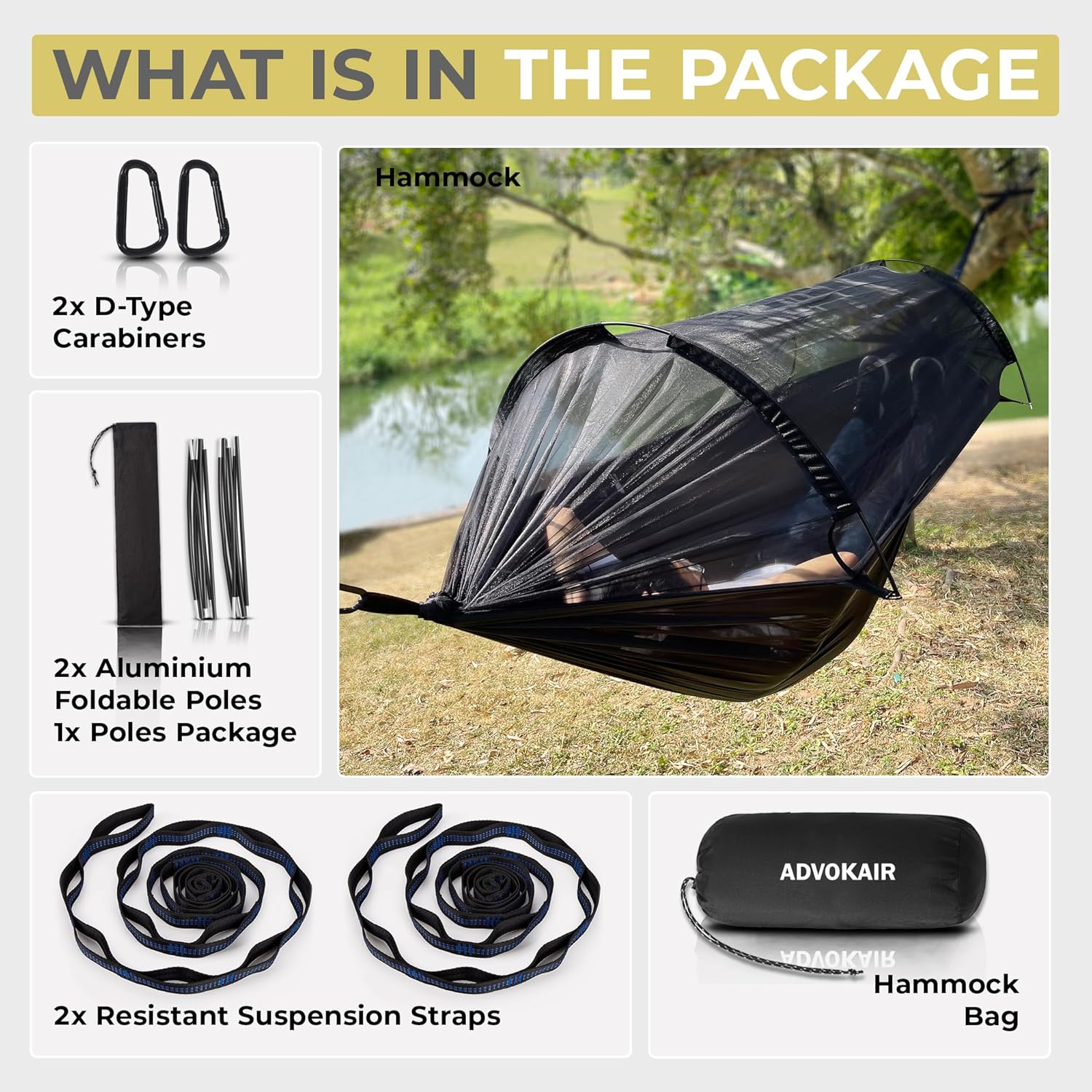 813u3BvM5dL._AC_SL1500_.jpg ADVOKAIR Camping Hammock with Mosquito Net Up to 500lbs, Ultralight and Portable Nylon Travel Hanging Hammock with Tree Straps, Perfect for Outside, Backpacking, Hiking and Backyard - Image 6