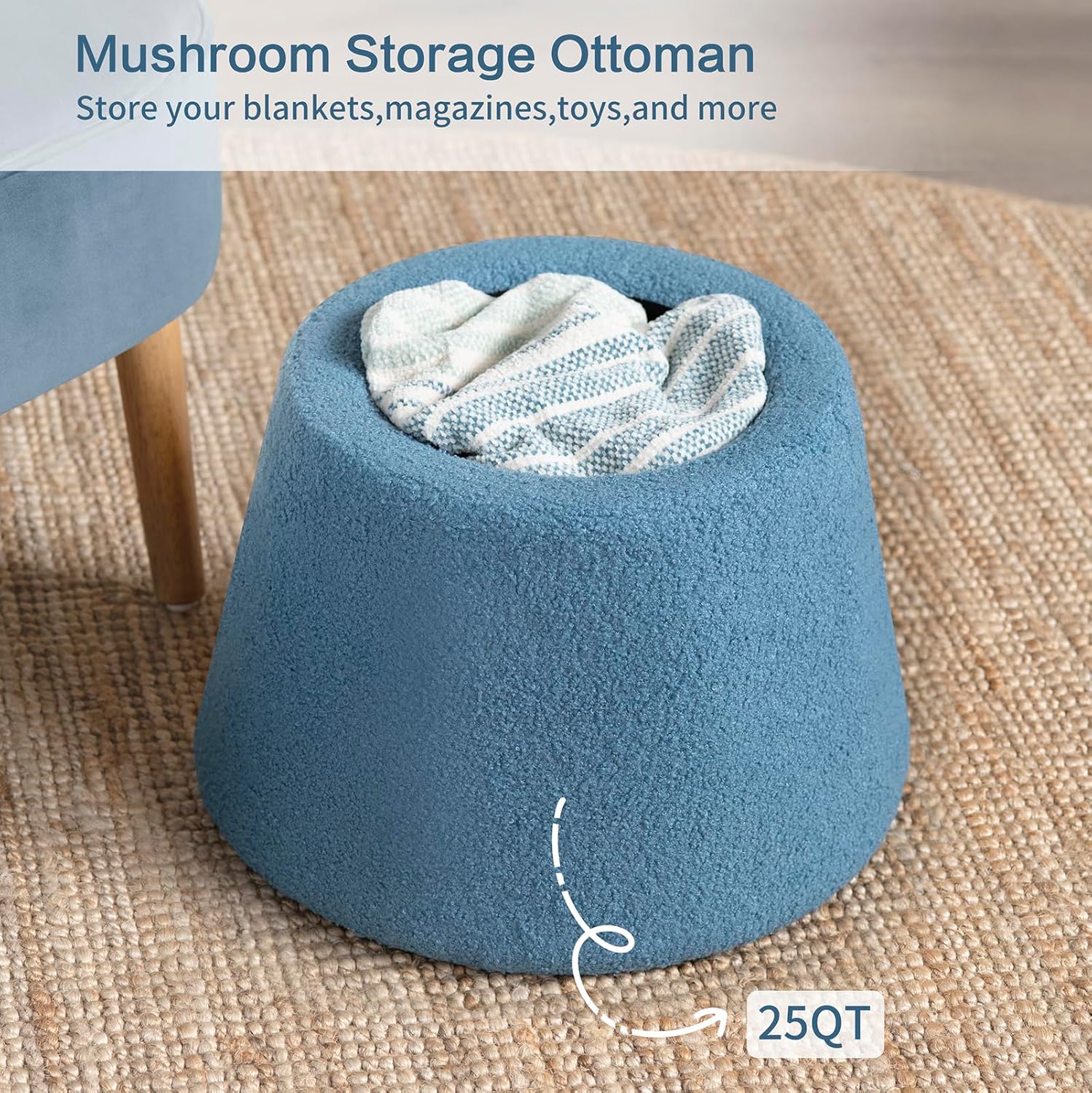 814BicubCxL._AC_SL1500_.jpg Crestview Collection 15" Foot Stool Ottoman, Mushroom Ottoman with Storage, Boucle Fabric Round Foot Rest, Vanity Stool, Extra Seating for Living Room, Bedroom, Entryway, Indigo Blue - Image 3
