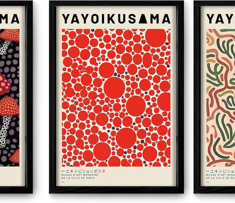 Framed Abstract Wall Art Vintage Yayol Kusama Canvas Aesthetic Exhibition Japanese Poster Pumpkin Mushroom Colorful Prints Set of 3 for Living Room Bedroom Gallery Dining Room Decor