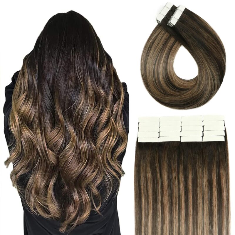 #1BT6P1B 16In 50g 20Pcs Ombre Natural Black to Medium Brown Tape In Human Hair Extension 100% Naturally Human Silky Straight Hair For Fashion Women