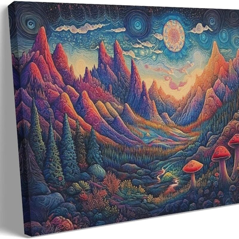 Psychedelic Landscape Painting Print Mountain River Forest Art Gift Magic Mushroom Canvas Intricate Psychedelic Décor Vibrant Fungi Art 16x24inch(40x60cm)