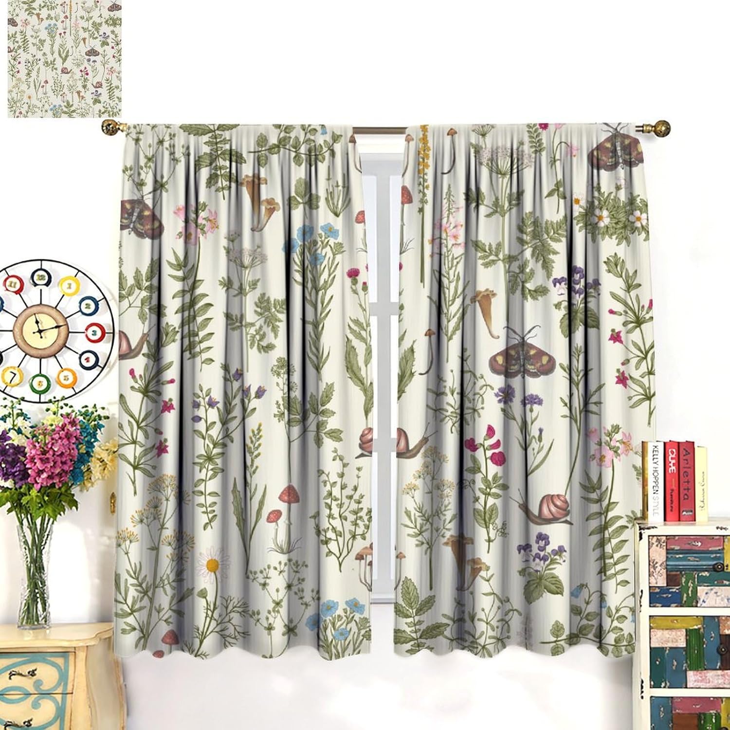 815l75m10RL._AC_SL1500_.jpg Vintage Mushroom Curtains, Rustic Farmhouse Country Wildflower Botanical Herbs Window Treatment for Living Room Retro Boho Nature Plants Wild Floral Ferns Blackout Drapes for Bedroom Kitchen W84xL84in - Image 2