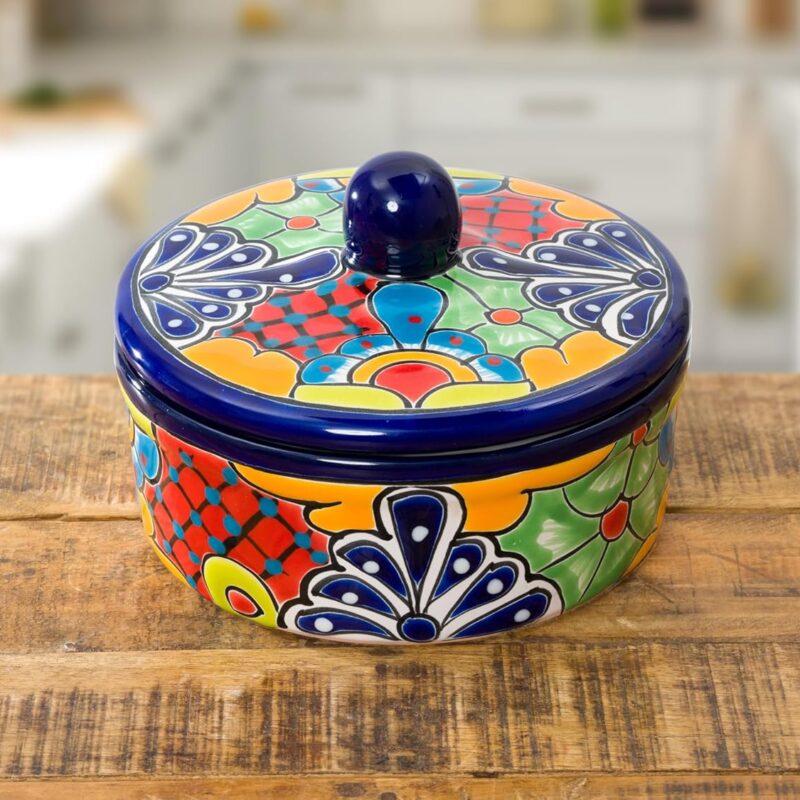 Enchanted Talavera Traditional Authentic Mexican Hand Painted Talavera Ceramic Tortilla Warmer Bowl With Lid Colorful Spanish Mexican Serveware Roti Pancakes Party Serving, Cobalt