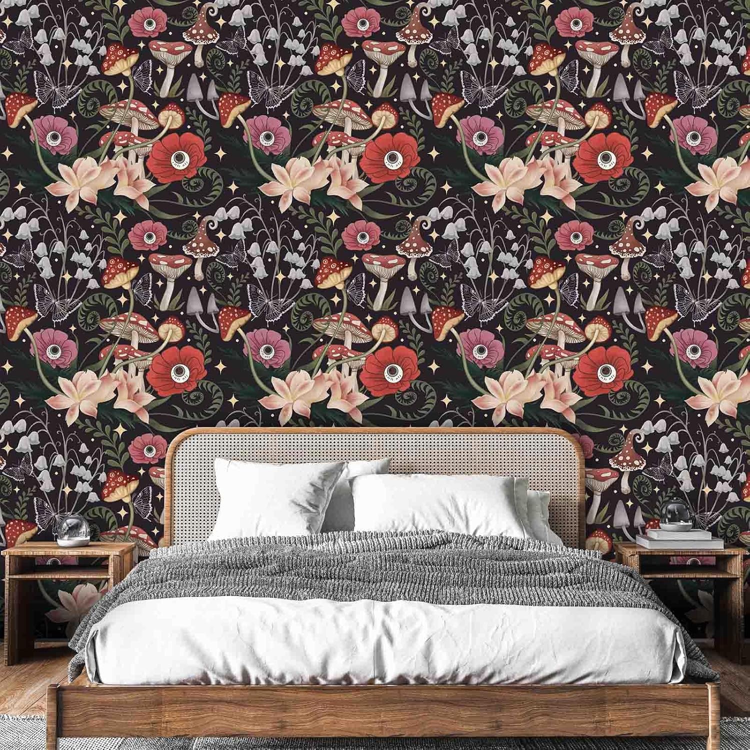 81603oZ4qrL._AC_SL1500_.jpg Abyssaly 17.7in x 236in Mushroom Wallpaper Peel and Stick Boho, Black Floral Forest Contact Paper+17.7" x 393.7" Dark Green Floral Peel and Stick Wallpaper Vintage Gold Leaf Contact Paper Vinyl Self A - Image 4