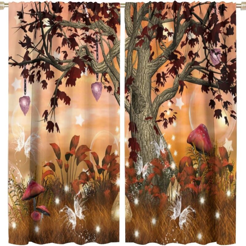 Fantasy Forest Curtains,Spring Mushroom Trees Flowers Forest Theme Window Treatments Curtains for Living Room Bedroom Bathroom Decor W52xL84in