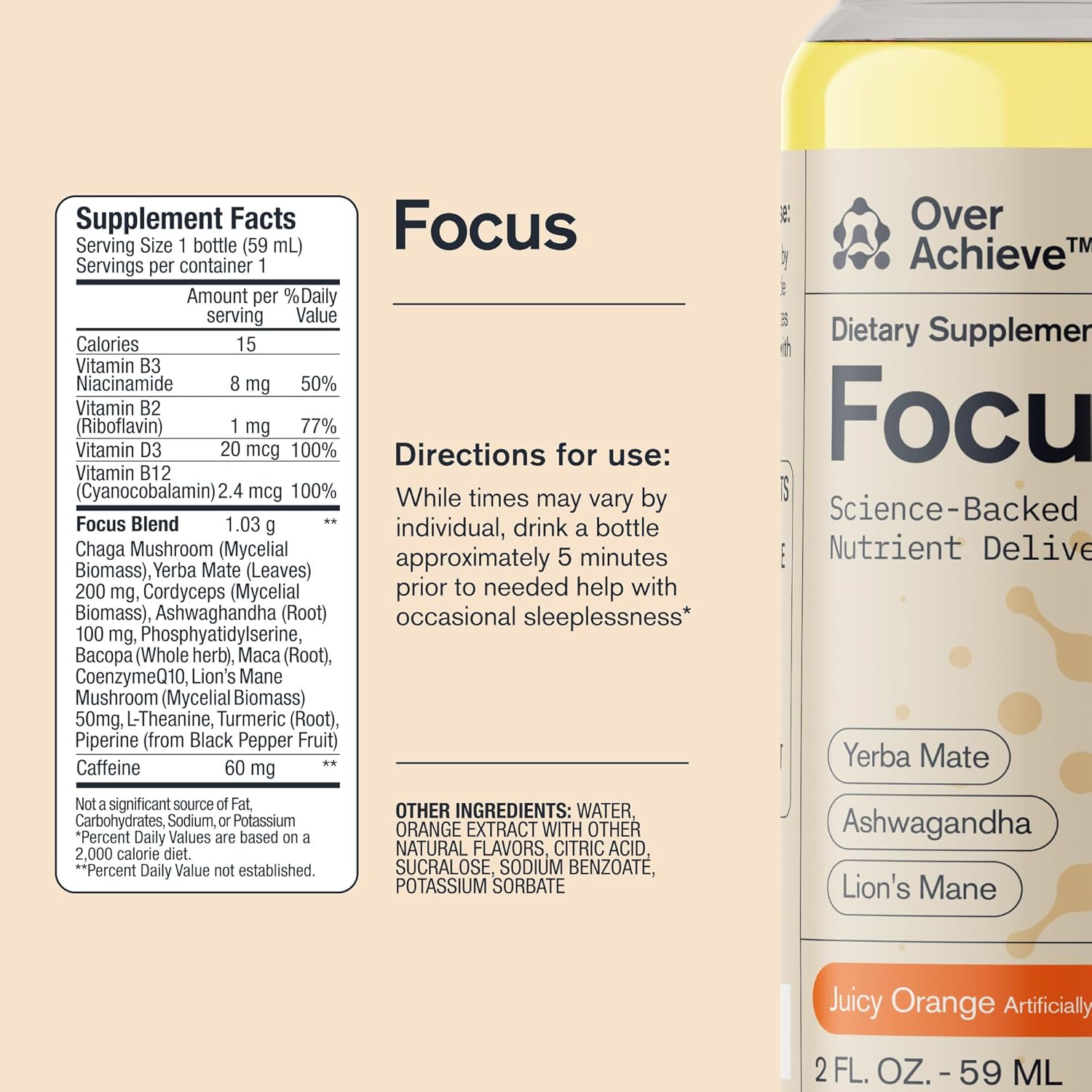 816QmHzvndL._AC_SL1500_.jpg Focus Drink for Concentration- Contains Yerba Mate, Ashwagandha and Lions Mane Mushroom with Advanced Nanoscience Technology - 24 Pack Brain Focus Drink, Orange Flavor, 2oz - Image 7