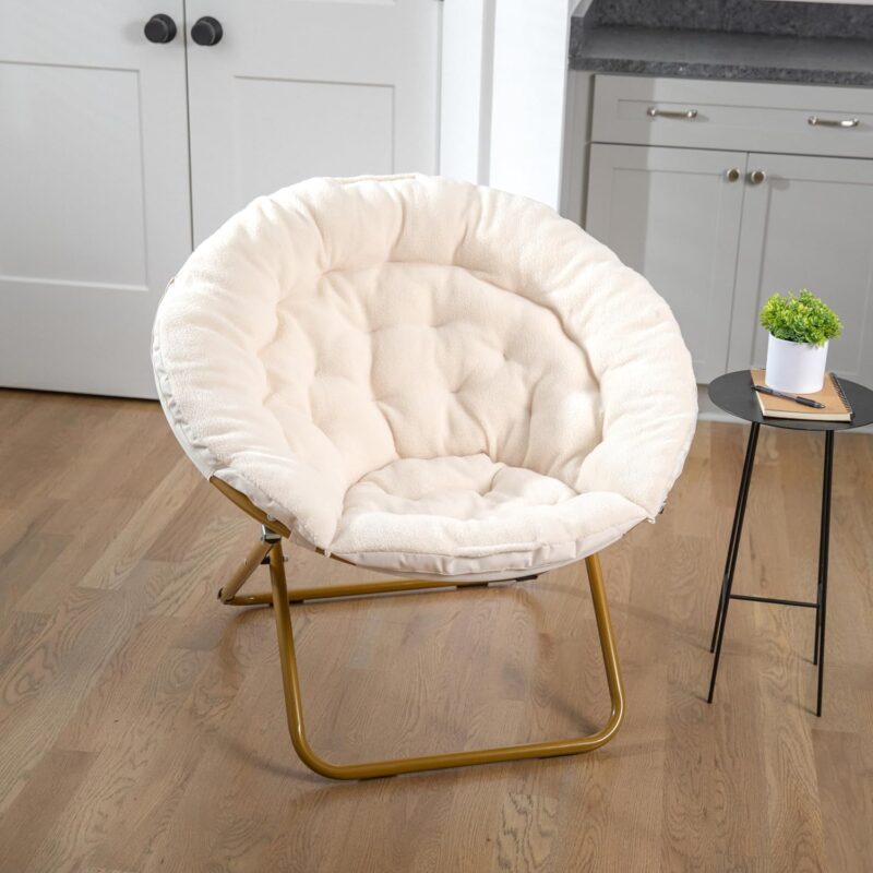 EMMA + OLIVER Ersa 38" Oversize Portable Faux Fur Folding Saucer Moon Chair for Dorm and Bedroom, Ivory Sherpa/Soft Gold Frame