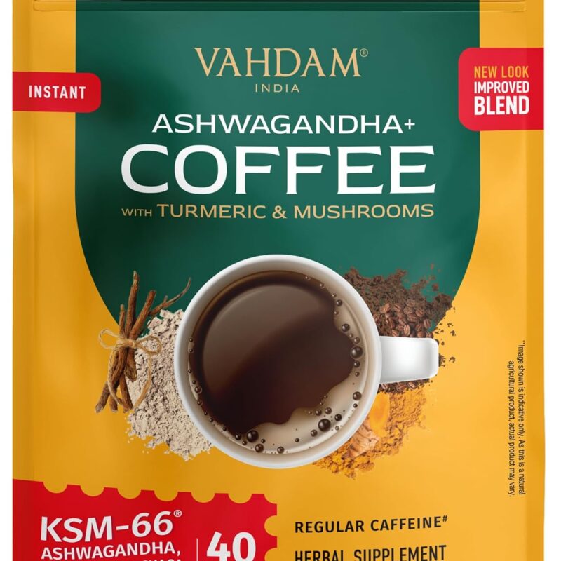 VAHDAM, Instant Mushroom Coffee with KSM 66 Ashwagandha (250mg, 40 servings), Turmeric, Lion's Mane and Chaga Mushroom