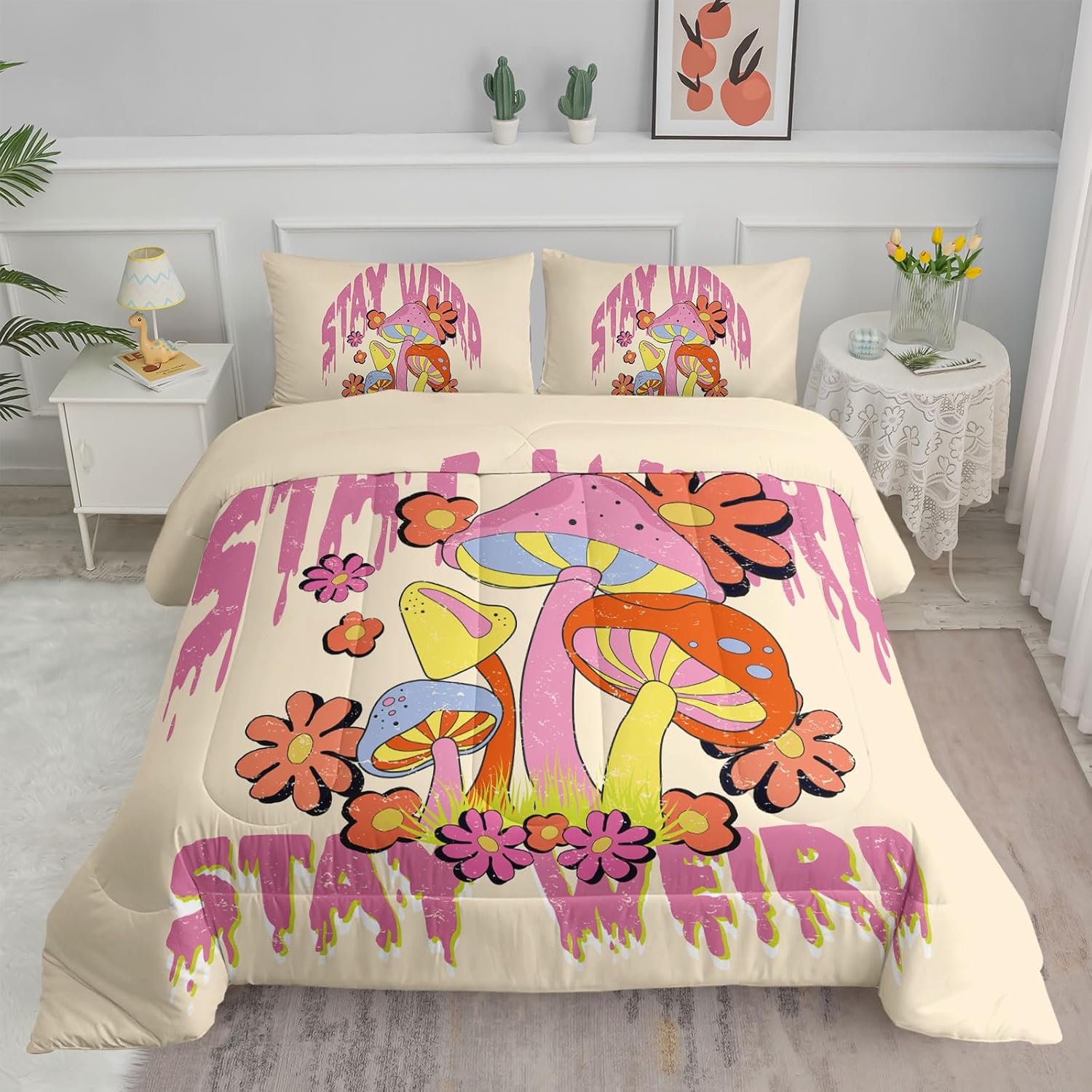 819MzS7qT9L._AC_SL1500_.jpg Axolotl Cartoon Mushroom Comforter Set Queen,Colorful Mushrooms Bedding Girls Bedding Set,Floral Comforter Set Red Pink Flower,Cute Mushroom Bedding Set For Kids Boys Girls Teens,1 Quilt 2 Pillowcases
