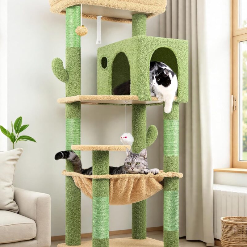 Globlazer Cactus Cat Tree Tower with Scratching Post for Indoor Cats, 53inch Tall Plush Multi-Level Cat Climbing Tower Condo with Large Hammock, Spacious Cat Cave, Padded Top Perch Bed, F53, Green