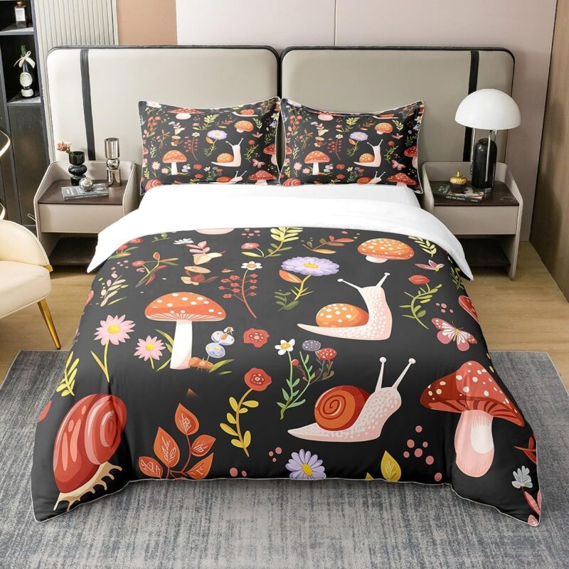 100% Cotton Cute Snail Mushroom Duvet Cover,Retro Flowers Leaves Botanical Comforter Cover Not Comforter,Watercolor Wild Flowers Farmhouse Style Comforter Cover 3 Pcs with 2 Pillowcases Queen, Black