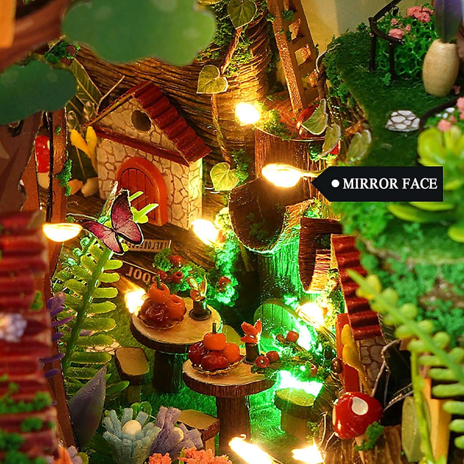 819pnTzXP3L._AC_SL1500_.jpg 3D Wooden Book Stand Puzzle, DIY Dollhouse Wood Bookends Book Nook Model Building Kit with LED Light for Teens and Adults to Build-Creativity Gift for Christmas(Firefly Forest) - Image 6